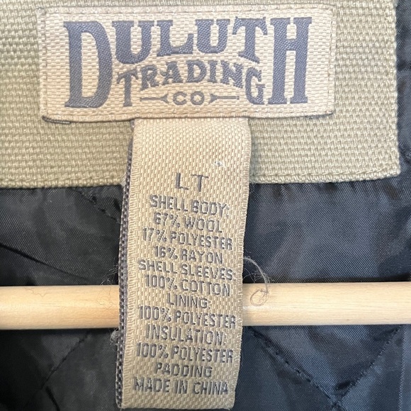 Duluth Trading Co Black Wool and Tan Canvas Workwear Sleeves Varsity Jacket - Picture 2 of 8